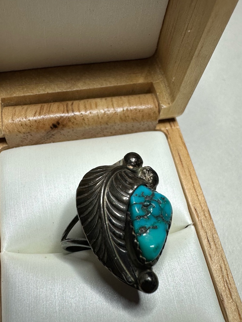 Very Vintage native Sterling Turquoise Leaf Statement Ring
